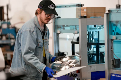 Graham Purrell prepares a master plate for creating vinyl records at the United Record Pressing plant July 11, 2024, in Nashville, Tenn.