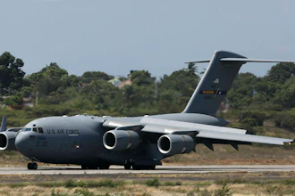 A United States Air Force C-17 cargo plane loaded with humanitarian aid lands at Camilo Daza airport in Cucuta, Colombia, on Feb. 16, 2019.