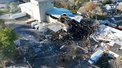 This image taken from video from WHAS 11 News shows damage after an explosion injured multiple employees at Givaudan Sense Color, Tuesday, Nov. 12, 2024, in Louisville, Ky.