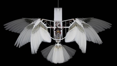 This is a view of PigeonBot II without covering, showing the feathers and some of the mechanics.