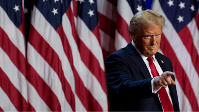 Republican presidential nominee former President Donald Trump arrives at an election night watch party at the Palm Beach Convention Center, Wednesday, Nov. 6, 2024, in West Palm Beach, Fla.