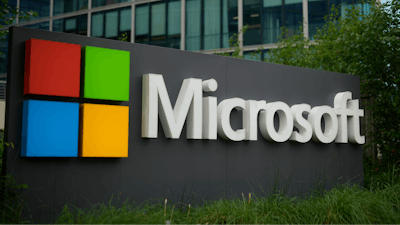The Microsoft logo is displayed outside its French headquarters in Issy-les-Moulineaux, outside Paris, May 13, 2024.