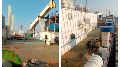 This combination of photos provided by Abdul Nasser Saleh shows the deck of the cargo ship Al-Maha, abandoned by its owners, at the seaport of Jeddah, Saudi Arabia, in January 2024. Saleh lived and worked on the Al-Maha for nearly a decade without pay.