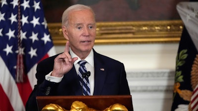 President Joe Biden speaks at a reception for new Democratic members of Congress in the State Dining Room of the White House, Sunday, Jan. 5, 2025, in Washington.