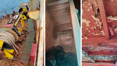 This combination of undated photos provided by the International Transport Workers’ Federation shows conditions on board the Sister 12, a cargo ship whose workers say they haven't been paid in more than a year.