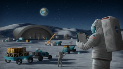 Artist’s rendering of astronauts managing logistics on the lunar surface.