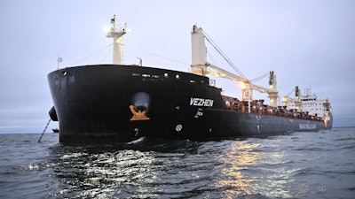 The cargo ship Vezhen is anchored outside Karlskrona, Sweden, Monday, Jan. 27, 2025, for examination by Swedish authorities.