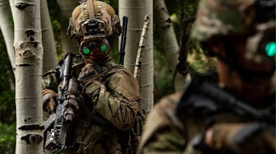 A soldier using the L3Harris produced Enhanced Night Vision Goggle – Binocular.