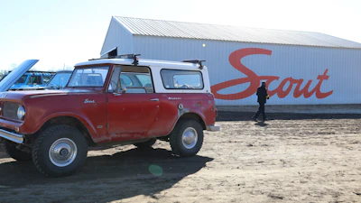 Scout Motors shows off one of its older gasoline powered models at a ceremony to celebrate the start of construction of its new electric SUV, Feb. 15, 2024, in Blythewood, S.C.
