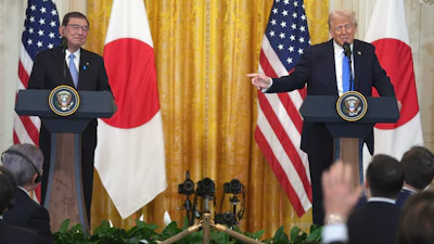 President Donald Trump answers questions during a news conference with Japan's Prime Minister Shigeru Ishiba at the White House, Friday, Feb. 7, 2025, in Washington.
