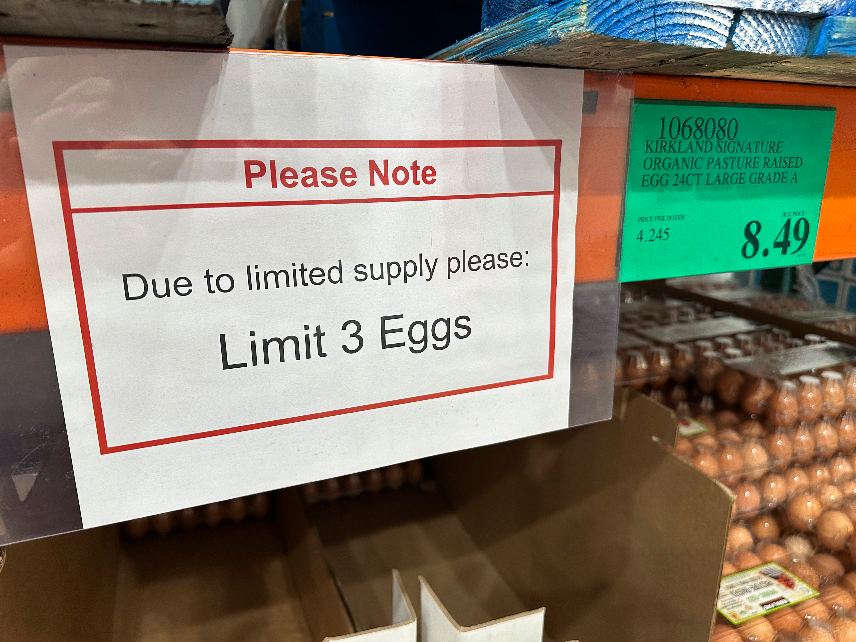 A sign notes the limitation on the purchase of flats of eggs in a Costco warehouse Tuesday, Feb. 18, 2025, in Sheridan, Colo.