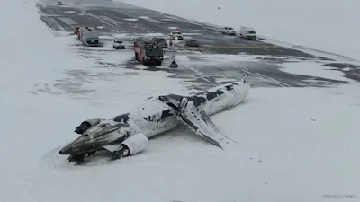This image taken from video released by the Transportation Safety Board of Canada on Wednesday, Feb. 19, 2025, shows the crashed plane of Delta flight 4819 at Toronto Pearson International Airport, in Mississauga, Ontario, on Tuesday, Feb. 18.