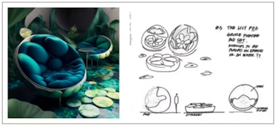 A design fueled by artificial intelligence: The left image is the result of the text-to-image technology, and the image on the right is the design completed by the student.