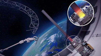 Artist's concept depicts structural assembly and novel composite-forming process experiments to be conducted in space in 2026 during Phase 3 of DARPA's NOM4D program.