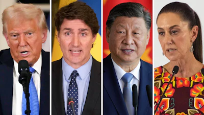 This combination of file photos shows, from left, U.S. President Donald Trump, Canadian Prime Minister Justin Trudeau, China's President Xi Jinping, and Mexico's President Claudia Sheinbaum.