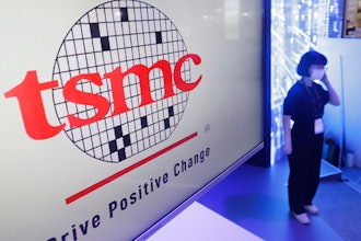 This photo shows the logo of TSMC during the Taiwan Innotech Expo at the World Trade Center in Taipei, Taiwan, Oct. 14, 2022.