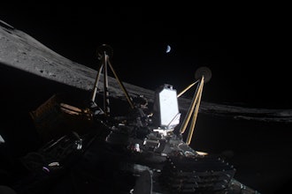This photo provided by Intuitive Machines on Friday, March 7, 2025, shows the Athena, a private lunar lander, after landing sideways in a crater near the moon's south pole.