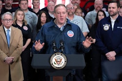 Vice President JD Vance, right, and Ohio Gov. Mike DeWine, left, listen as Environmental Protection Agency administrator Lee Zeldin, center, speaks in East Palestine Fire Station on Feb 3, 2025, in East Palestine, Ohio, Feb. 3, 2025.