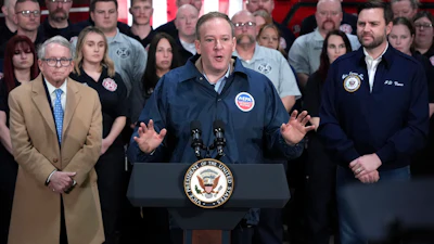 Vice President JD Vance, right, and Ohio Gov. Mike DeWine, left, listen as Environmental Protection Agency administrator Lee Zeldin, center, speaks in East Palestine Fire Station on Feb 3, 2025, in East Palestine, Ohio, Feb. 3, 2025.