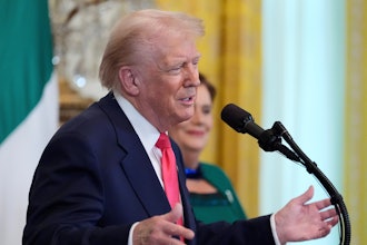 President Donald Trump speaks during an event with Ireland's Prime Minister Micheál Martin in the East Room of the White House in Washington, Wednesday, March 12, 2025.