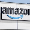 An Amazon company logo marks the facade of a building, March 18, 2022, in Schoenefeld near Berlin.