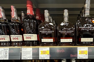 Bottles of bourbon whiskey on display at a liquor store in Niles, Ill., March 13, 2025.