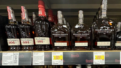 Bottles of bourbon whiskey on display at a liquor store in Niles, Ill., March 13, 2025.
