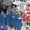 This image made from video by NASA shows astronauts greeting each other after a SpaceX capsule docked with the International Space Station, Sunday, March 16, 2025. Top row from left: Nick Hague, Alexander Gorbunov, Suni Williams, Alexei Ovchinin and Ivan Vagner. Bottom row from left: Butch Wilmore, Takuya Onishi, Anne McClain, Kirill Peskov, Nichole Ayers and Don Pettit.