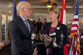 U.S. Sen. Peter Welch, D-Vt., left, and Marie-Claude Bibeau, a Canadian MP representing Compton-Stanstead, at a roundtable event in Newport, Vt., March 18, 2025.