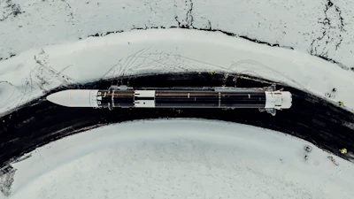 In a photo provided by Isar Aerospace, Photo Wingmen Media, Isar Aerospace Launch Vehicle 'Spectrum' is transported to a launchpad at Andoya Spaceport in Nordmela, on Andøya island, Norway, on March 10, 2025.