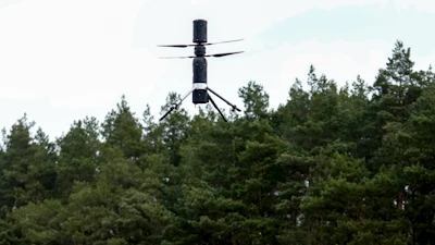 A prototype AI-based drone system with an autonomous Al-based system for early detection of forest fires by Dryad Networks, takes off during the presentation of Silvaguard, in Eberswalde, eastern Germany, Thursday, March 27, 2025.