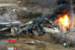 Portions of a Norfolk Southern freight train that derailed the night before burn in East Palestine, Ohio, Feb. 4, 2023.