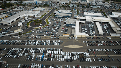 An aerial view shows auto dealerships in Cerritos, Calif., Thursday, March 27, 2025.