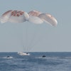 NASA astronauts Nick Hague, Suni Williams, Butch Wilmore, and Roscosmos cosmonaut Aleksandr Gorbunov land in a SpaceX Dragon spacecraft in the water off the coast of Tallahassee, Florida on March 18, 2025.