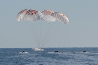 NASA astronauts Nick Hague, Suni Williams, Butch Wilmore, and Roscosmos cosmonaut Aleksandr Gorbunov land in a SpaceX Dragon spacecraft in the water off the coast of Tallahassee, Florida on March 18, 2025.