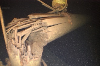 This image provided by Great Lakes Shipwreck Historical Society shows the broken mast from the Western Reserve, a merchant ship that sank in Lake Superior in 1892 off Michigan’s Upper Peninsula.