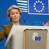 European Commission President Ursula von der Leyen addresses a media conference at the end of an EU summit in Brussels, Thursday, March 20, 2025.