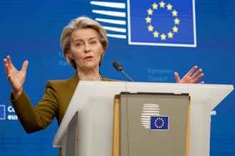 European Commission President Ursula von der Leyen addresses a media conference at the end of an EU summit in Brussels, Thursday, March 20, 2025.