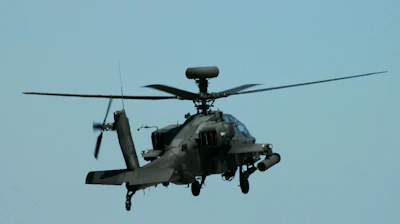 Rear view of an Apache helicopter.