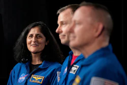 Astronauts Suni Williams, from left, Nick Hague, and Butch Wilmore are interviewed at Johnson Space Center on Monday, March 31, 2025, in Houston.