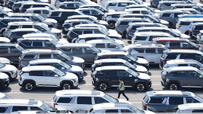 Vehicles for export are parked at a port in Pyeongtaek, South Korea, Tuesday, April 15, 2025.