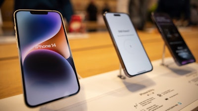 The iPhone 14, iPhone 14 Pro and iPhone 14 Pro Max are displayed at the Apple Fifth Avenue store, Friday, Sept. 16, 2022, in New York.