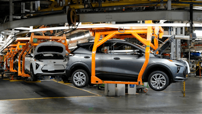 Vehicles move along the 2023 Chevrolet Bolt EV and EUV assembly line at the General Motors Orion Assembly on June 15, 2023, in Lake Orion, Mich.