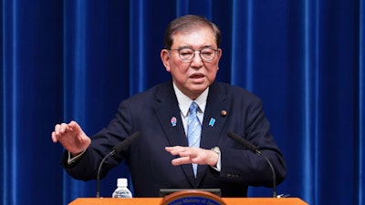 Japan Prime Minister Shigeru Ishiba speaks during a news conference at the prime minister's office in Tokyo, Japan, Tuesday, April 1, 2025.