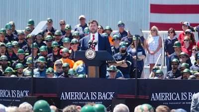 Vice President JD Vance makes remarks during an event to mark the Trump administration's first 100 days at a Nucor Steel Berkeley, Thursday, May 1, 2025, in Huger, S.C.