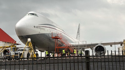 A Boeing 747 with the color scheme of planes used by the Qatari royal family is seen Friday, May 2, 2025 at San Antonio International Airport in San Antonio, Texas. President Donald Trump said this week that he wants to accept the $400 million plane, and that it would later be donated to a presidential library.