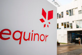 A sign for the company Equinor is displayed on Oct. 28, 2020, in Fornebu, Norway.