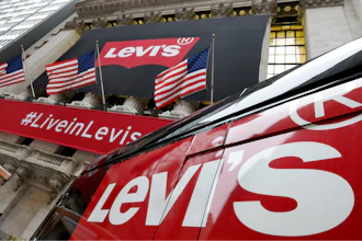 A Levi's banner adorns the facade of the New York Stock Exchange, Thursday, March 21, 2019.