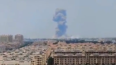 This photo provided on May 27, 2025, by a local resident who declined to give his name out of concern for retaliation shows an explosion at a chemical plant in China's eastern Shandong province.