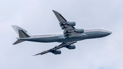 A 13-year-old private Boeing aircraft that President Donald Trump toured on Saturday to check out new hardware and technology features, and highlight the aircraft maker's delay in delivering updated versions of the Air Force One presidential aircraft, takes off from Palm Beach International Airport, Feb. 16, 2025, in West Palm Beach, Fla.